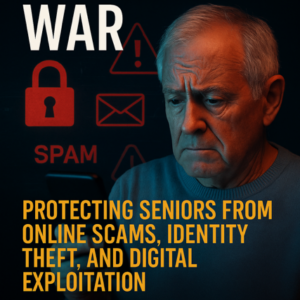 Elderly man with digital security symbols background.